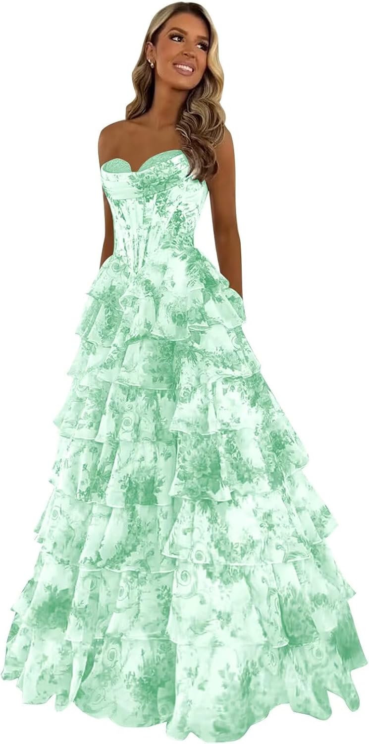 Strapless Corset Prom Dresses for Women 2025 Long Tiered Ruffle Chiffon Formal Evening Gown with Slit
