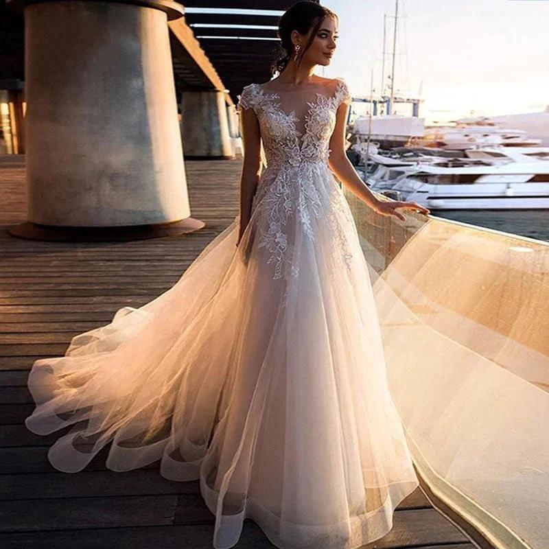 Boho Beach Wedding Dress O-Neck Appliques Lace Top Vintage Princess Wedding Gown Cap Sleeve Simple Bride Dress 2020 by payinti