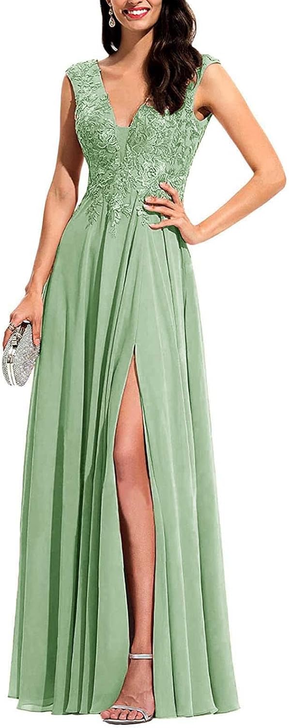 Chiffon Appliques Bridesmaid Dress Long V Neck Beaded Wedding Guest Gown with Split