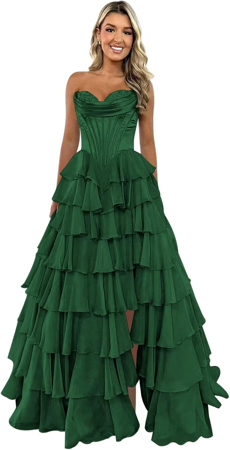 Strapless Corset Prom Dresses for Women 2025 Long Tiered Ruffle Chiffon Formal Evening Gown with Slit