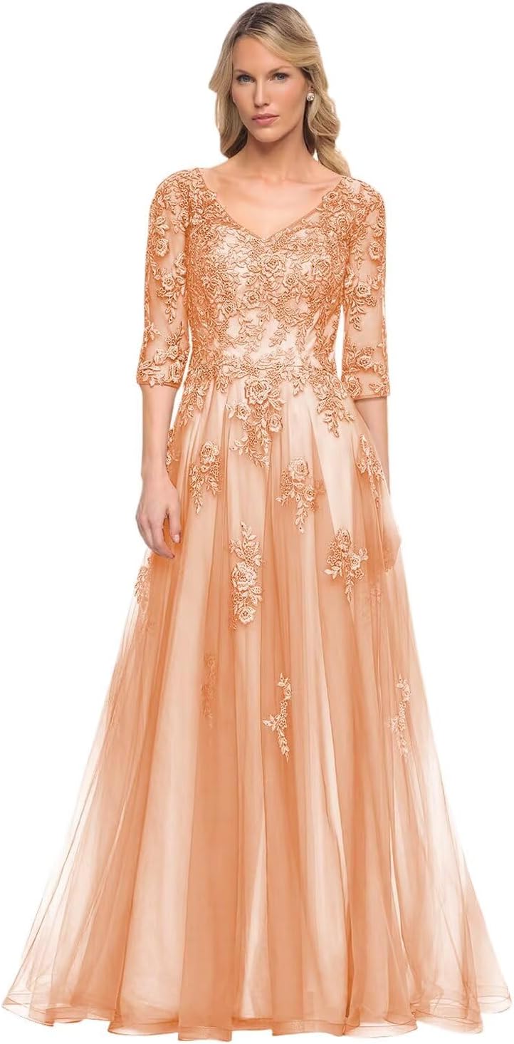 Women's V-Neck 3/4 Sleeve Mother of The Bride Dress A-line Tulle Lace Appliques Long Formal Party Dress QA117