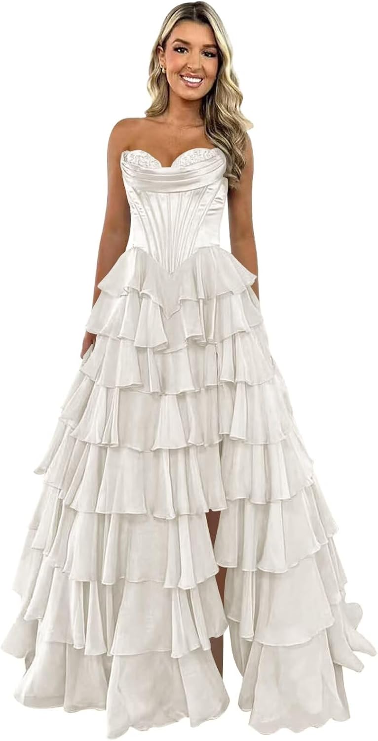 Strapless Corset Prom Dresses for Women 2025 Long Tiered Ruffle Chiffon Formal Evening Gown with Slit