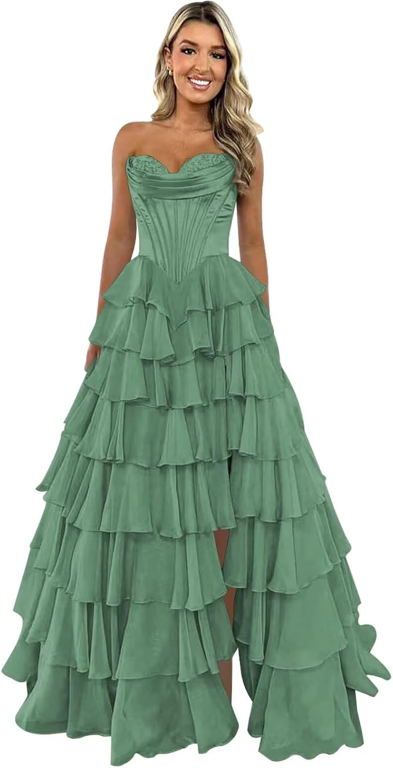 Strapless Corset Prom Dresses for Women 2025 Long Tiered Ruffle Chiffon Formal Evening Gown with Slit