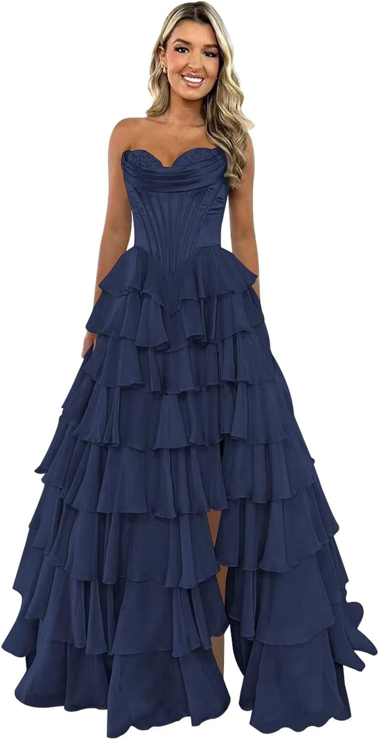 Strapless Corset Prom Dresses for Women 2025 Long Tiered Ruffle Chiffon Formal Evening Gown with Slit
