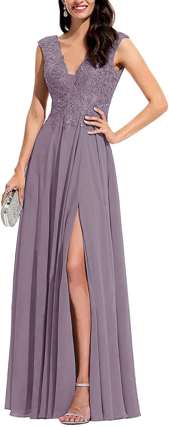 Chiffon Appliques Bridesmaid Dress Long V Neck Beaded Wedding Guest Gown with Split