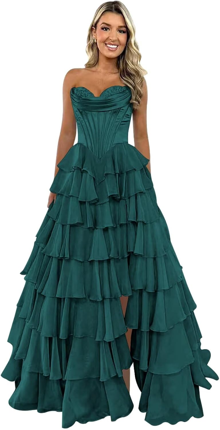 Strapless Corset Prom Dresses for Women 2025 Long Tiered Ruffle Chiffon Formal Evening Gown with Slit
