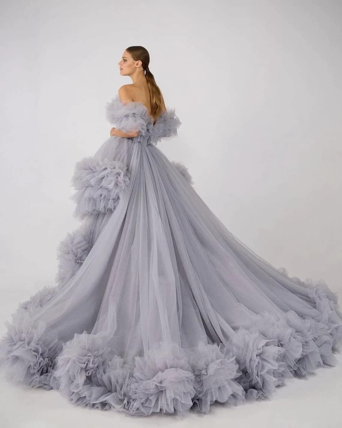 Ruffles Tulle Robe for Maternity Photoshoot Sheer Off Shoulder Maternity Robe Pregnant Baby Shower Prom Gown