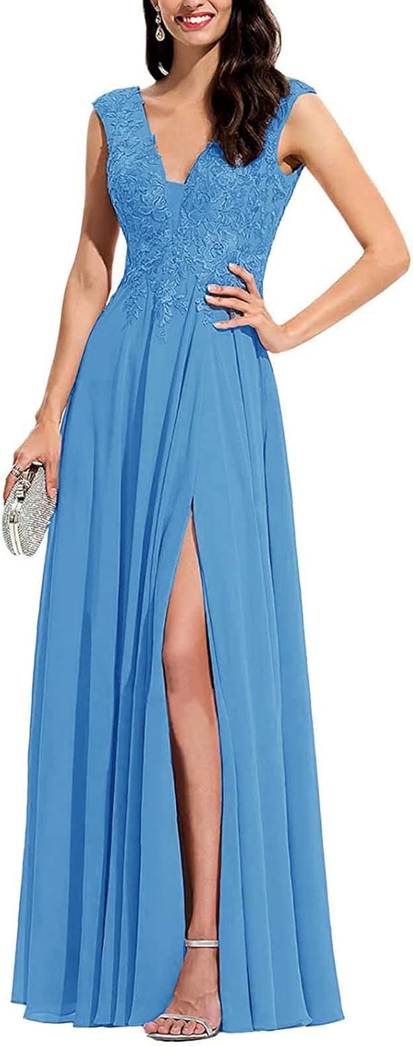 Chiffon Appliques Bridesmaid Dress Long V Neck Beaded Wedding Guest Gown with Split