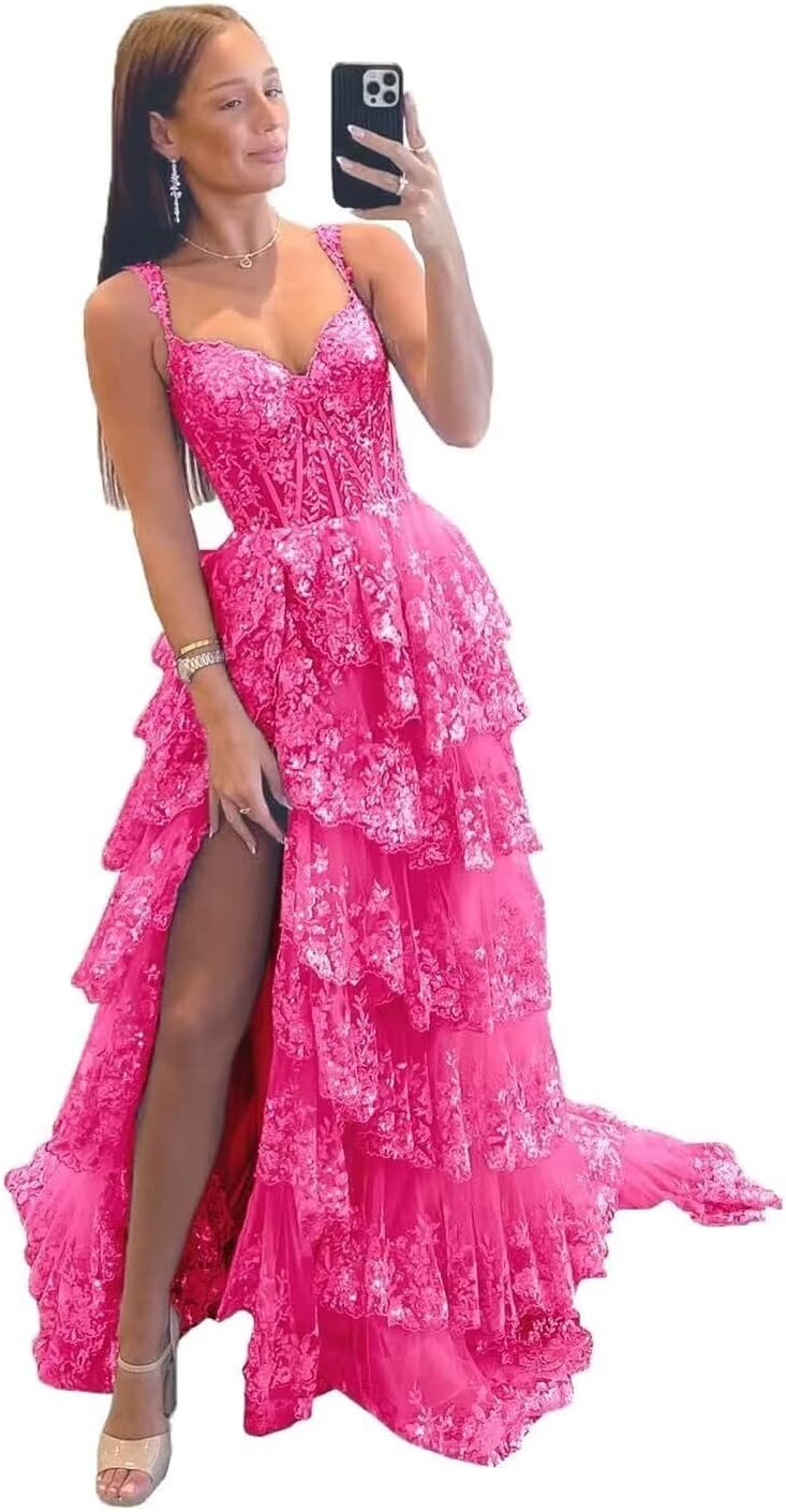 Sparkly Tiered Lace Tulle Prom Dresses Long 2025 Spaghetti Straps Formal Corset Evening Gown with Slit