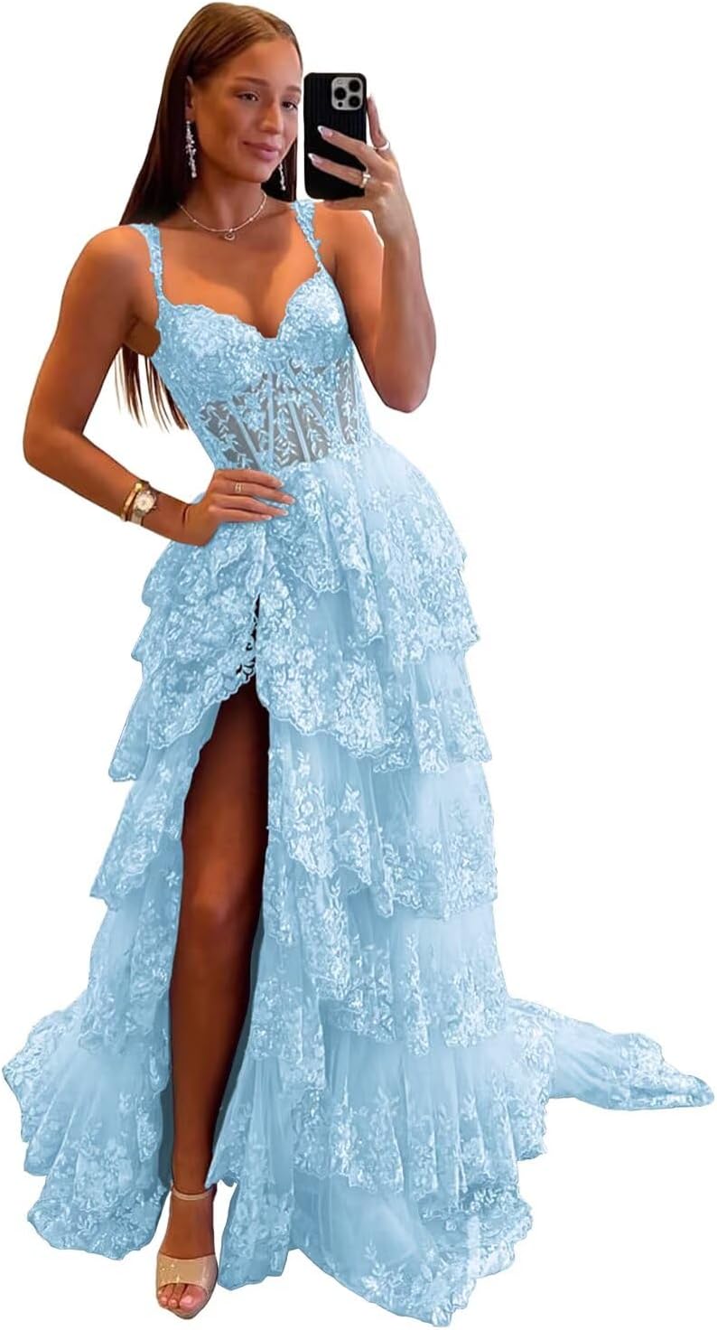 Sparkly Tiered Lace Tulle Prom Dresses Long 2025 Spaghetti Straps Formal Corset Evening Gown with Slit