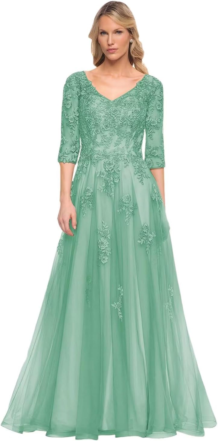 Women's V-Neck 3/4 Sleeve Mother of The Bride Dress A-line Tulle Lace Appliques Long Formal Party Dress QA117