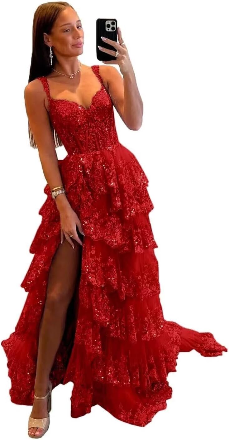 Sparkly Tiered Lace Tulle Prom Dresses Long 2025 Spaghetti Straps Formal Corset Evening Gown with Slit