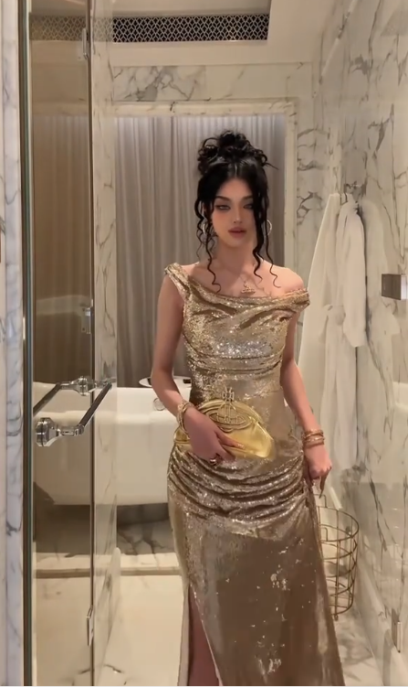 Elegant Champagne Gold Sequins Mermaid Prom Dress,Off Shoulder Slit Long Prom Dress Party Gown - VelvetHem