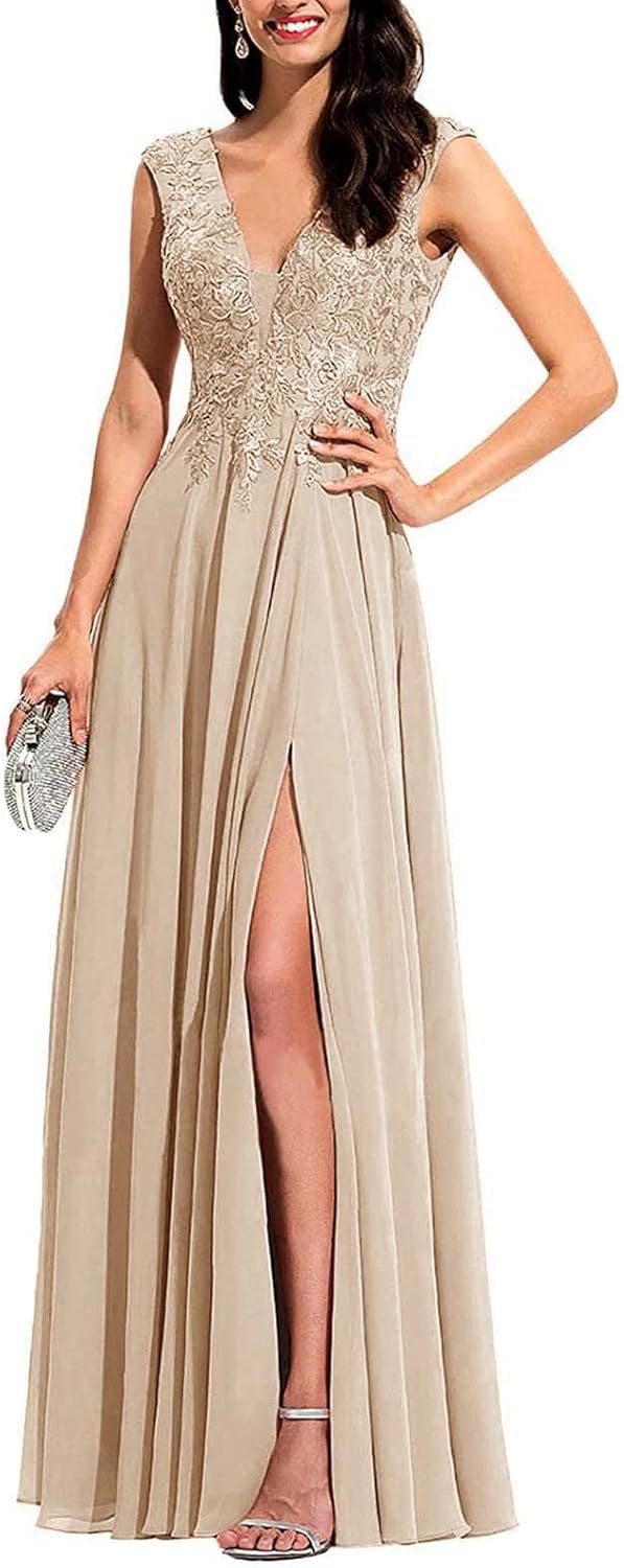 Chiffon Appliques Bridesmaid Dress Long V Neck Beaded Wedding Guest Gown with Split
