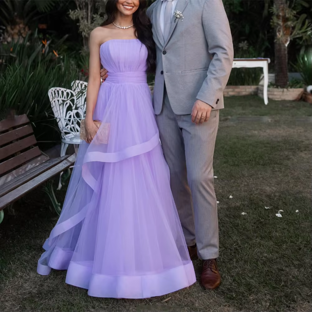 Lavender Tulle Long Dresses Wedding Party Ruffles Strapless Prom Dresses Formal Occasion Dress fg6856 - View 4 | VelvetHem