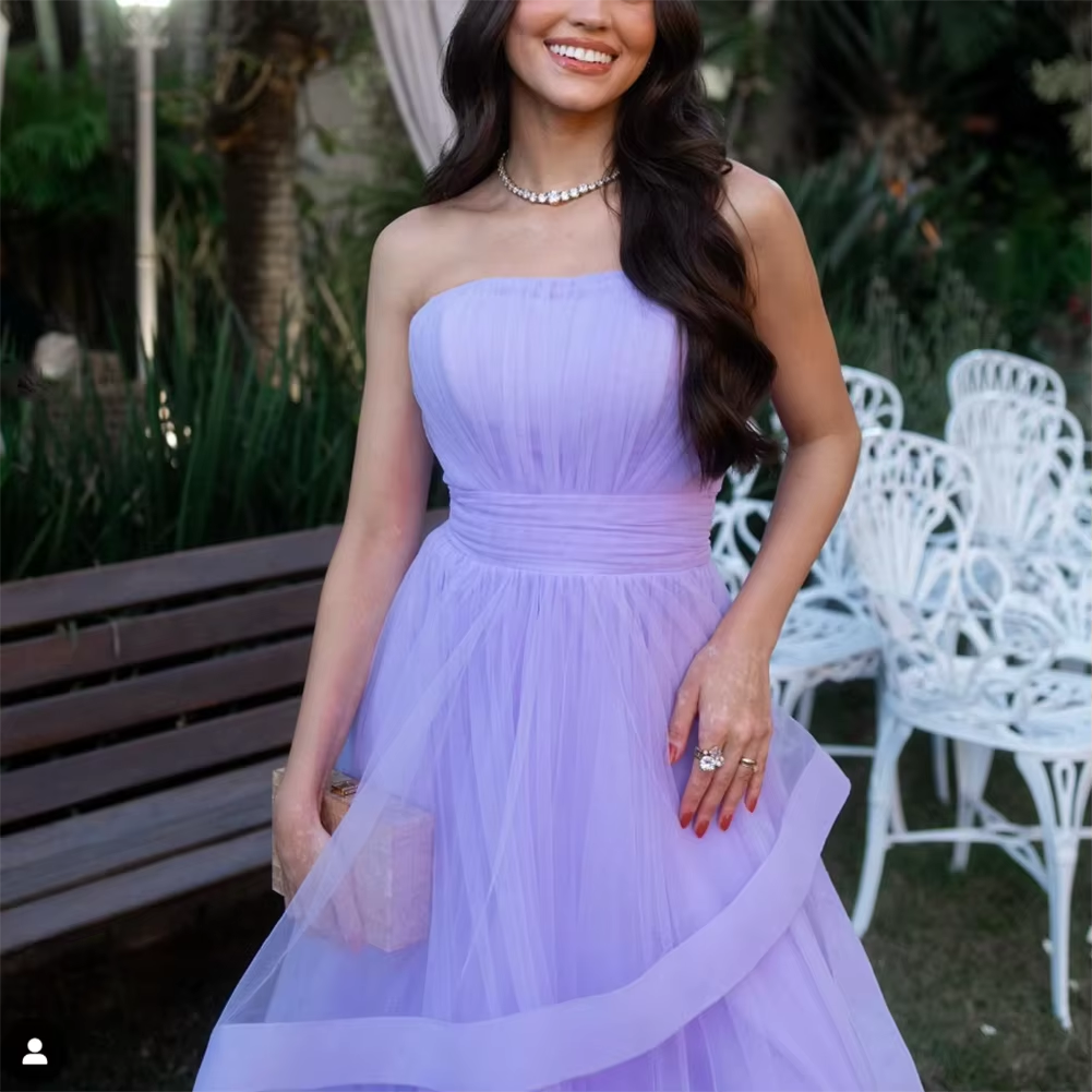 Lavender Tulle Long Dresses Wedding Party Ruffles Strapless Prom Dresses Formal Occasion Dress fg6856 - View 3 | VelvetHem