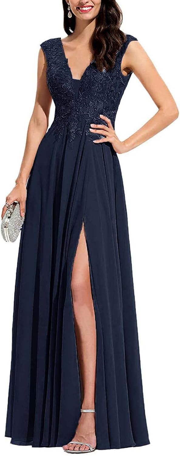 Chiffon Appliques Bridesmaid Dress Long V Neck Beaded Wedding Guest Gown with Split