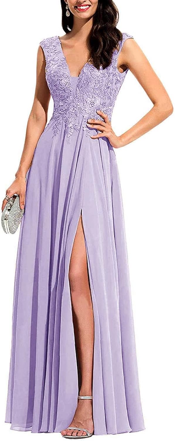Chiffon Appliques Bridesmaid Dress Long V Neck Beaded Wedding Guest Gown with Split