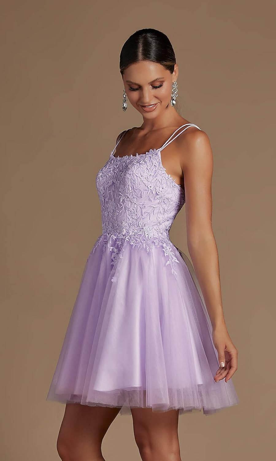 Modest Lace Beaded Tulle Homecoming Dresses Short Square Neck Prom Dress Spaghetti Straps Party Gown