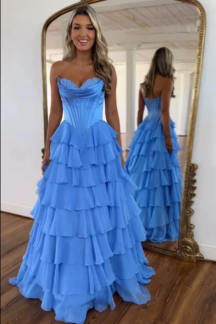Strapless Corset Prom Dresses for Women 2025 Long Tiered Ruffle Chiffon Formal Evening Gown with Slit