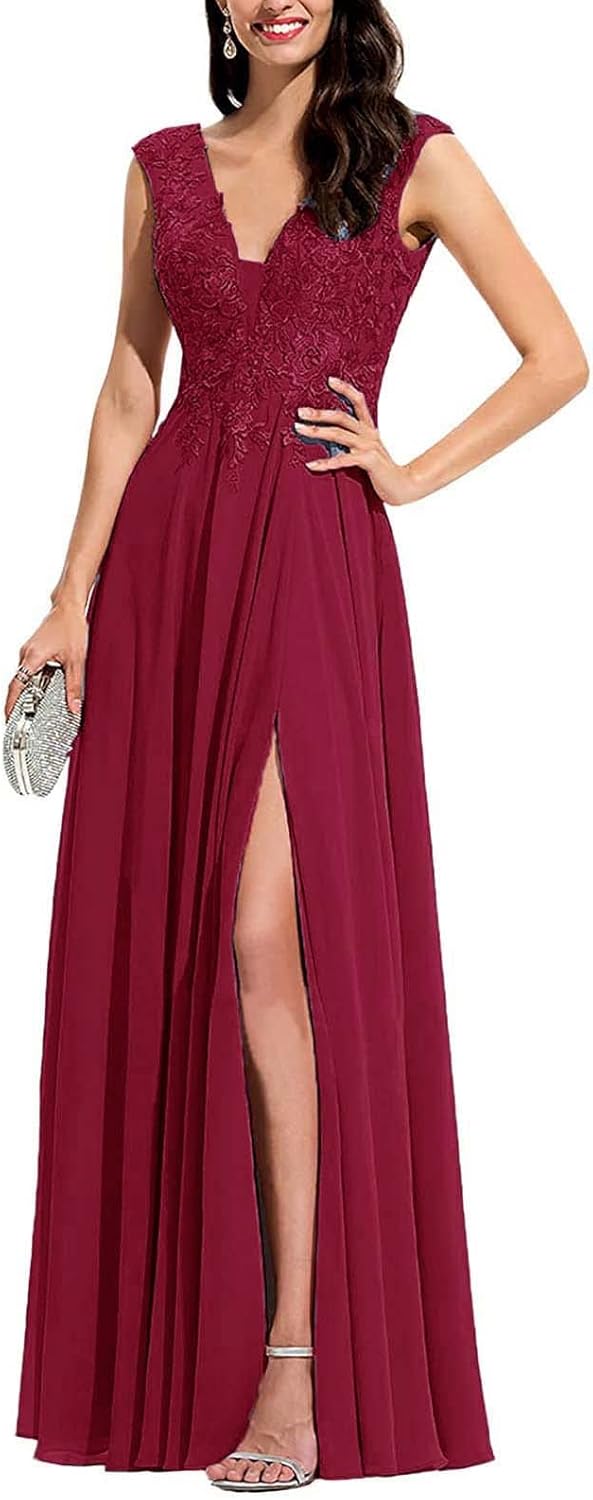 Chiffon Appliques Bridesmaid Dress Long V Neck Beaded Wedding Guest Gown with Split