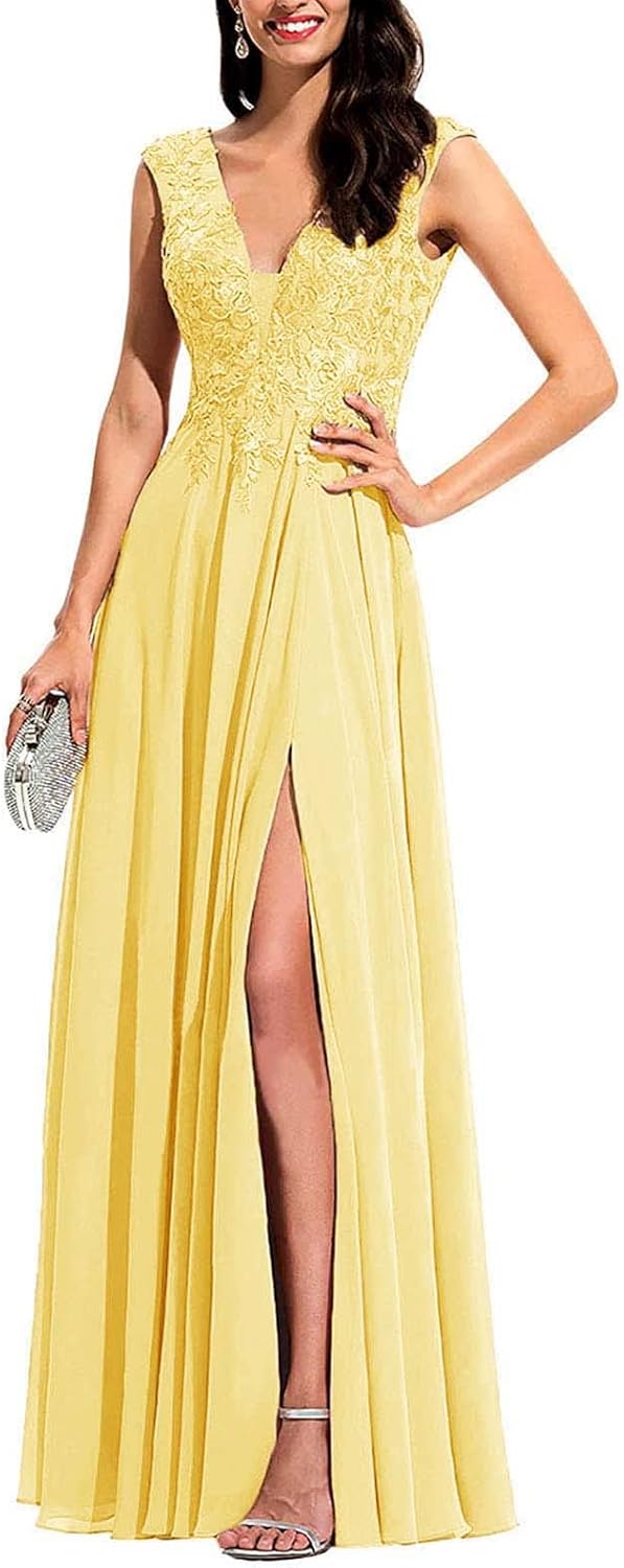 Chiffon Appliques Bridesmaid Dress Long V Neck Beaded Wedding Guest Gown with Split