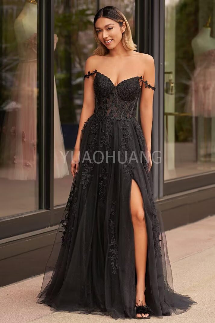 Lace Applique Tulle Prom Dresses for Women 2025 Spaghetti Straps Ball Gown Formal Evening Party Gown with Slit