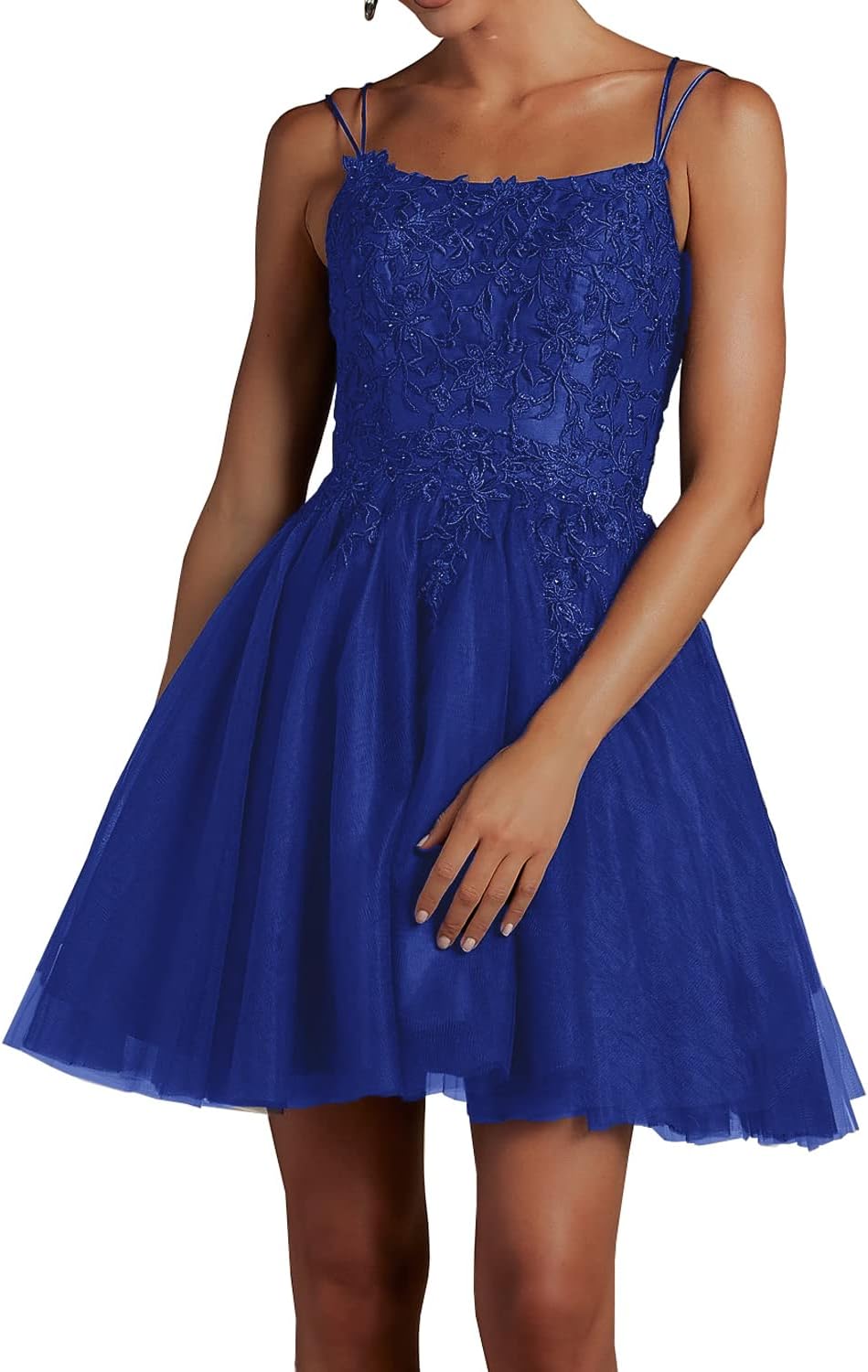 Modest Lace Beaded Tulle Homecoming Dresses Short Square Neck Prom Dress Spaghetti Straps Party Gown