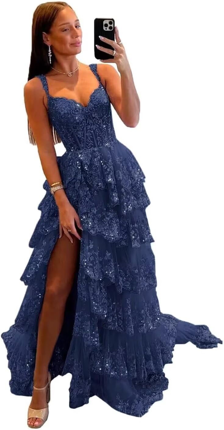 Sparkly Tiered Lace Tulle Prom Dresses Long 2025 Spaghetti Straps Formal Corset Evening Gown with Slit