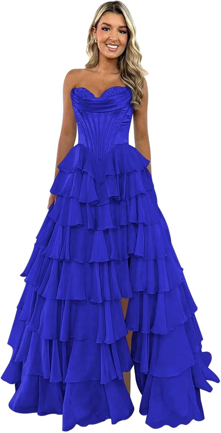 Strapless Corset Prom Dresses for Women 2025 Long Tiered Ruffle Chiffon Formal Evening Gown with Slit