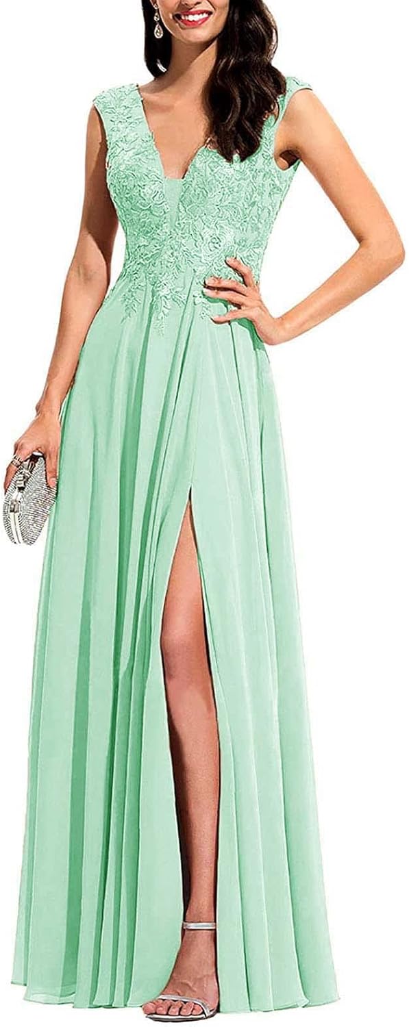 Chiffon Appliques Bridesmaid Dress Long V Neck Beaded Wedding Guest Gown with Split