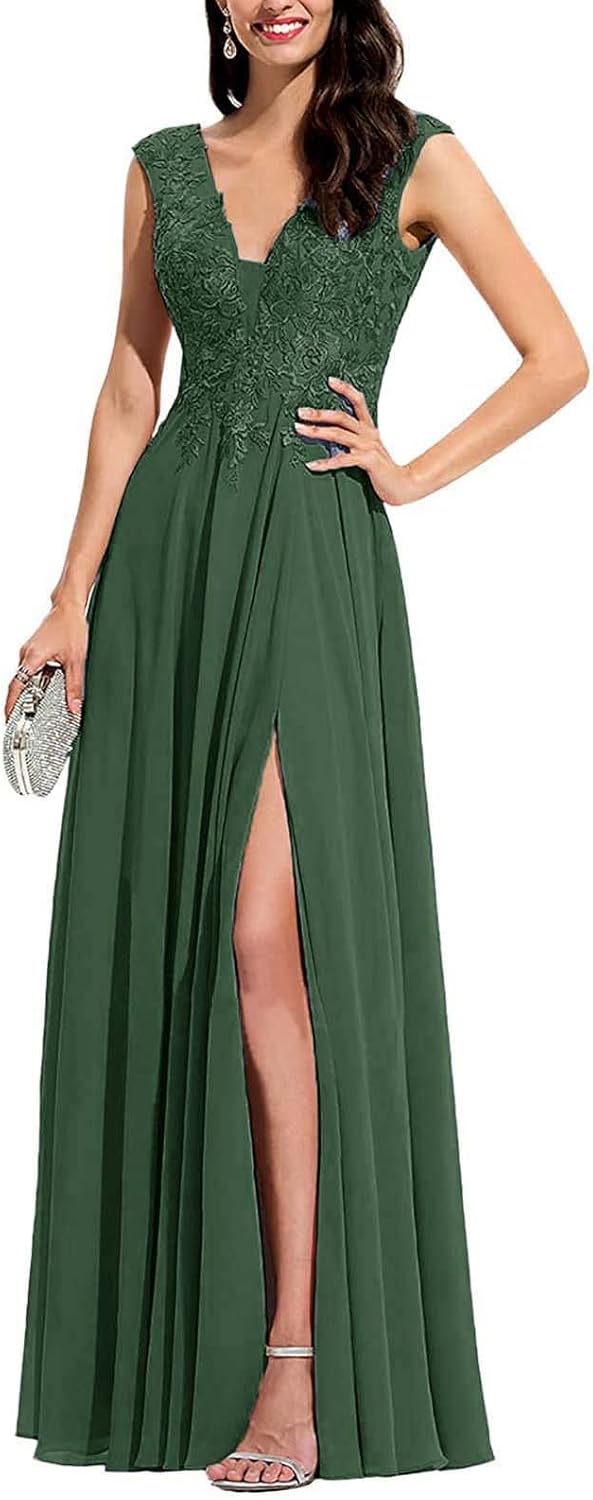 Chiffon Appliques Bridesmaid Dress Long V Neck Beaded Wedding Guest Gown with Split