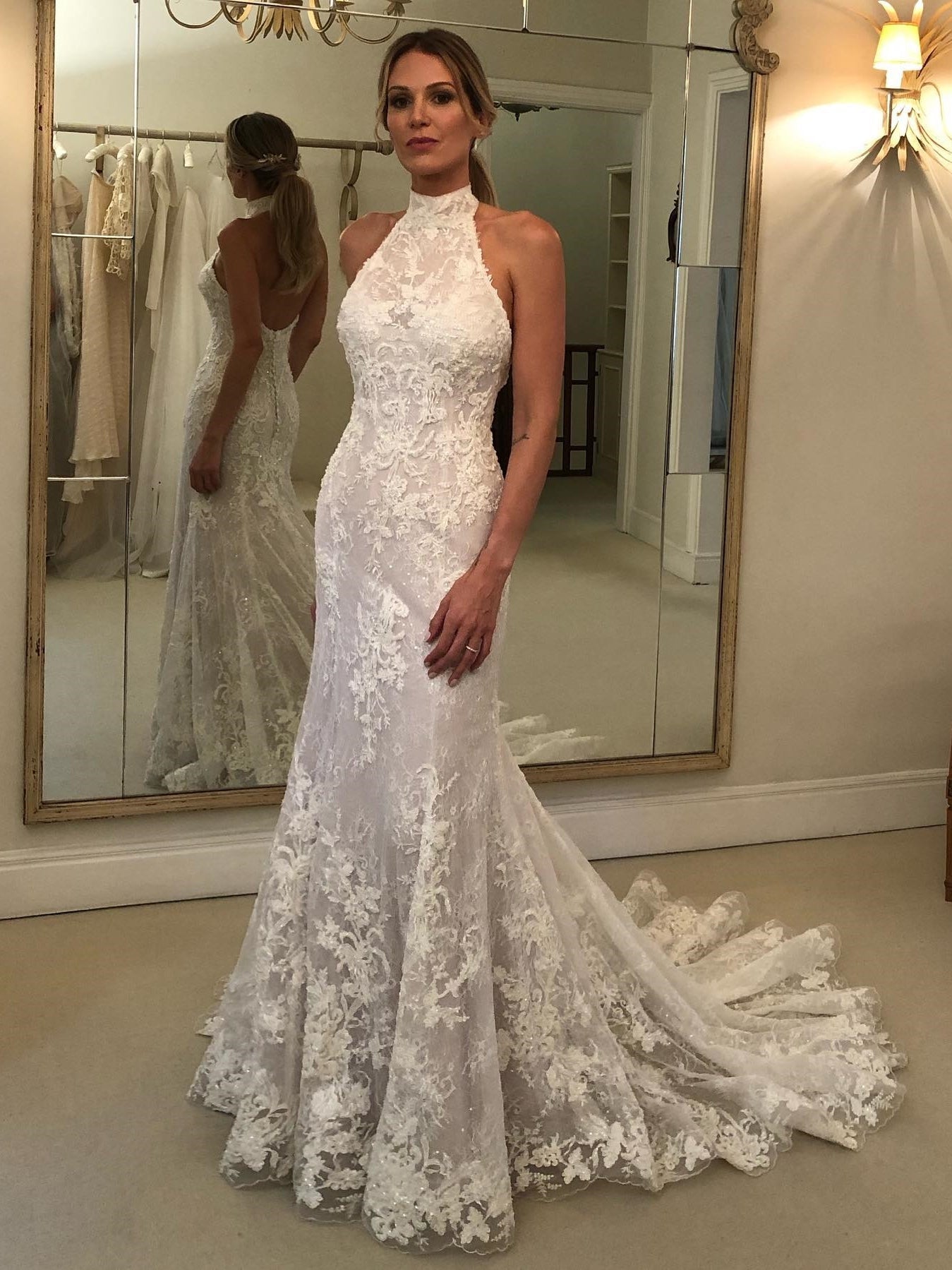 Halter Neck Mermaid Backless Lace Wedding Dress With Train