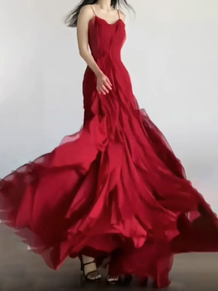 Simple Sheath Spaghetti Straps Burgundy Chiffon Long Ruffles Party Dresses Birthday Dress