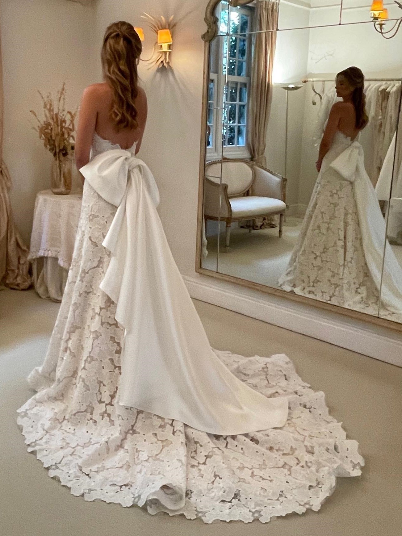 Sweetheart Floral Lace Wedding Dress With Oversized Satin Back Bow And Chapel Train