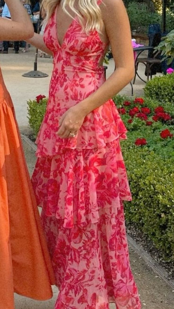 V Neck Line Red Flora Prom Party Dress Graduation Dress Evening Dress - VelvetHem