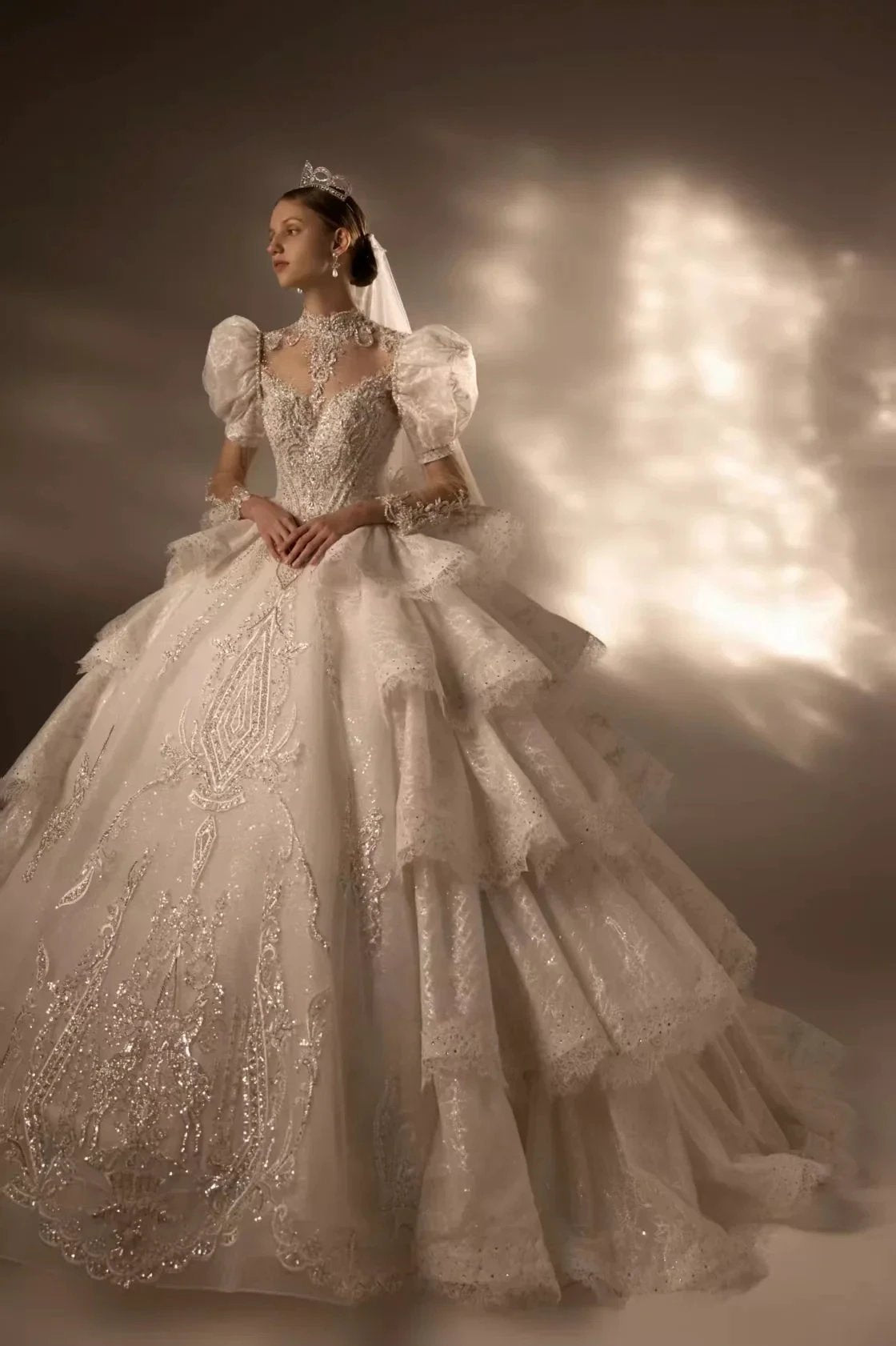 Regal High Neck Puff Sleeve Tulle Wedding Dress with Sequin Embroidery & Layered Ruffle Train (ZD16911)