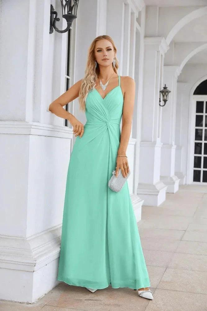Ladies Chiffon Spaghetti Strap V Neck Front Slit Floor Length Bridesmaid Evening Dress Prom Party Wedding Evening Dress 28116 by numbersea