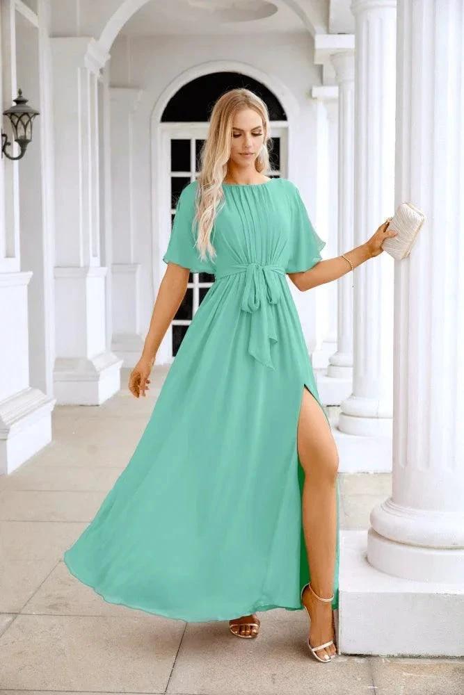 Ladies Chiffon Sleeve Crew Neck Front Slit Floor Length Bridesmaid Evening Dress Wedding Party Evening Dress 28124 by numbersea