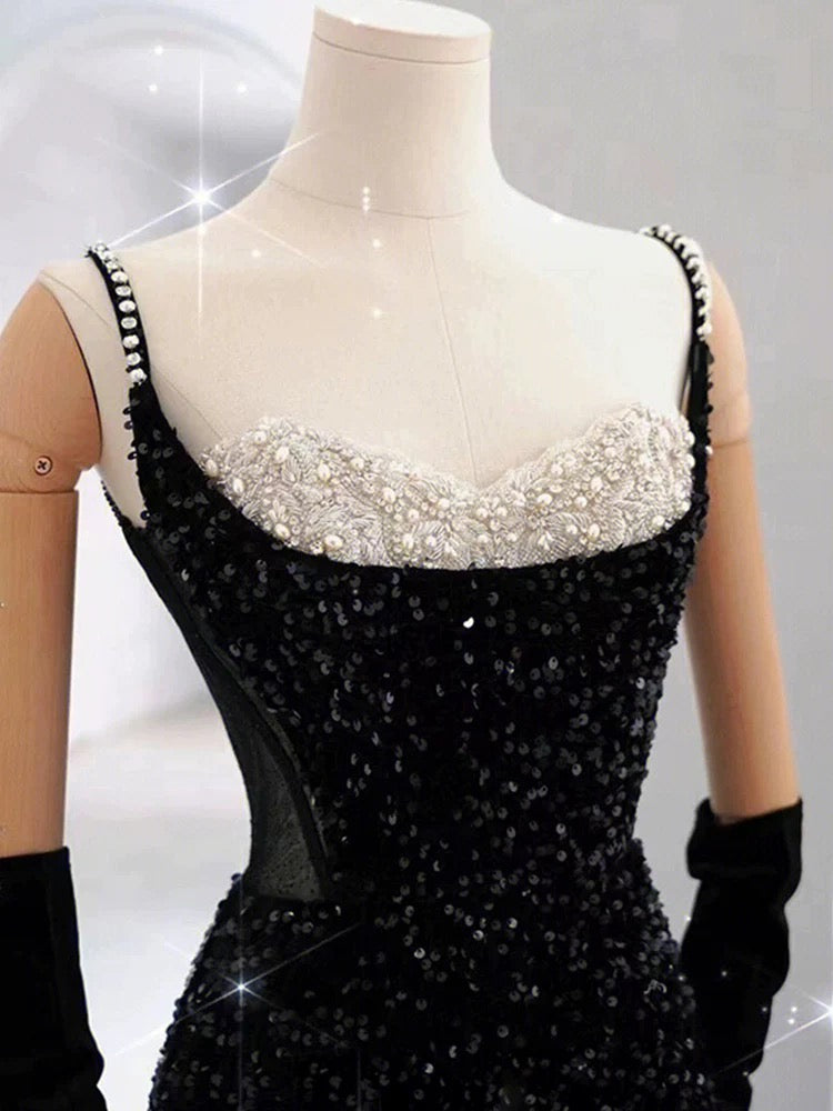 Elegant Mermaid Spaghetti Straps Black Sequin Long Prom Dresses Party Dress With Beads - View 4 | VelvetHem
