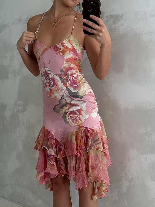 Pretty Pink Satin Print Floral Midi Party Gown Evening Dress - View 3 | VelvetHem