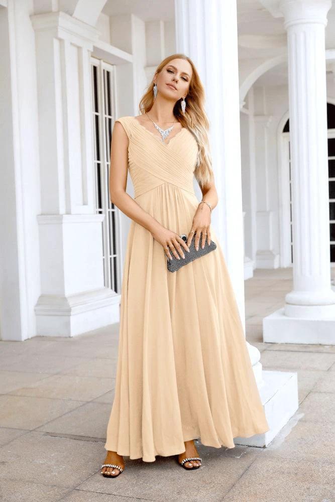 Ladies Chiffon V Neck Sleeveless Floor Length Bridesmaid Evening Dress Wedding Party Evening Dress 28126 by numbersea