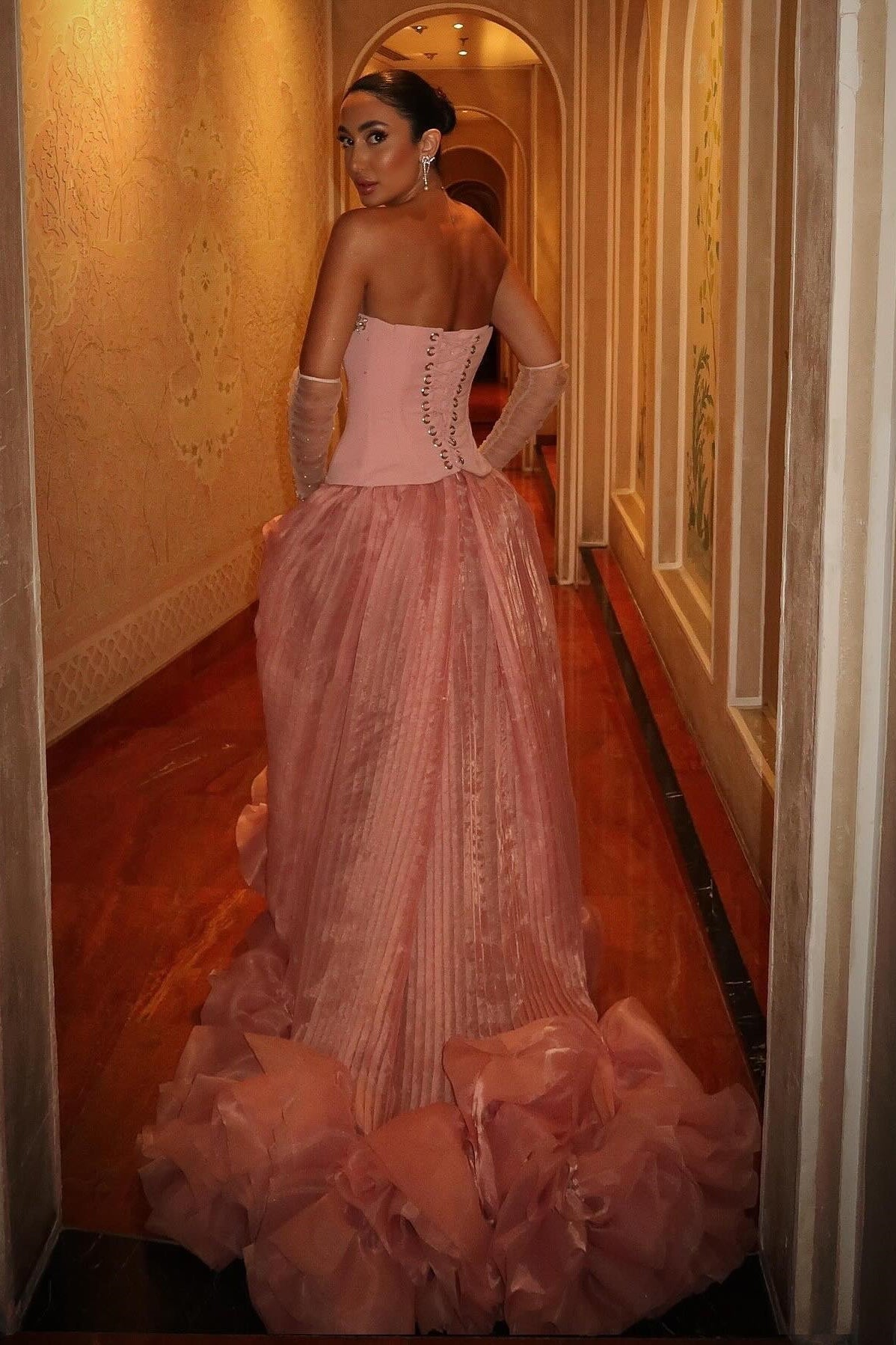 Princess A Line Strapless Pink Corset Long Formal Dress with Beading - View 2 | VelvetHem
