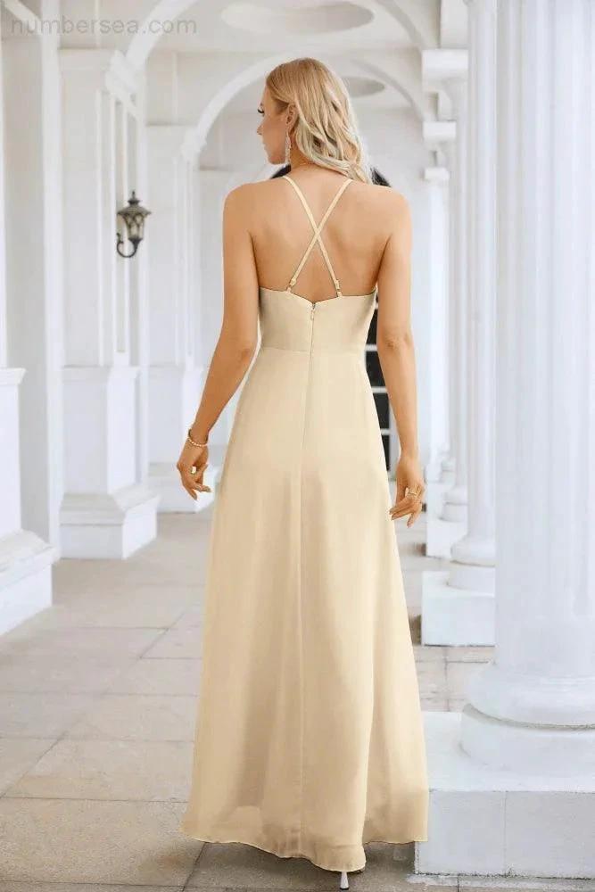Ladies Chiffon Spaghetti Strap V Neck Front Slit Floor Length Bridesmaid Evening Dress Prom Party Wedding Evening Dress 28116 (ZD17012)