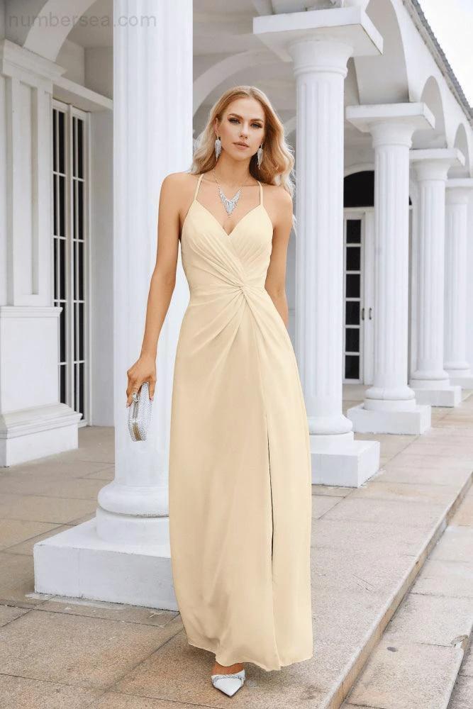 Ladies Chiffon Spaghetti Strap V Neck Front Slit Floor Length Bridesmaid Evening Dress Prom Party Wedding Evening Dress 28116 (ZD17012)