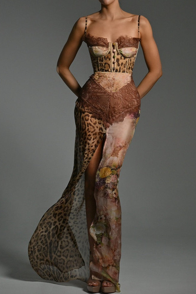 Color Block Leopard Printed Floral Dress