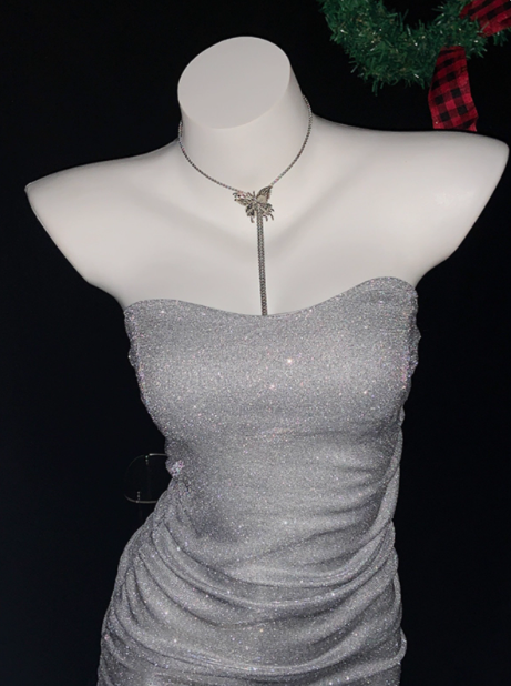 Glitter Silver Strapless Sheath Short Cocktail Dress Homecoming Dress