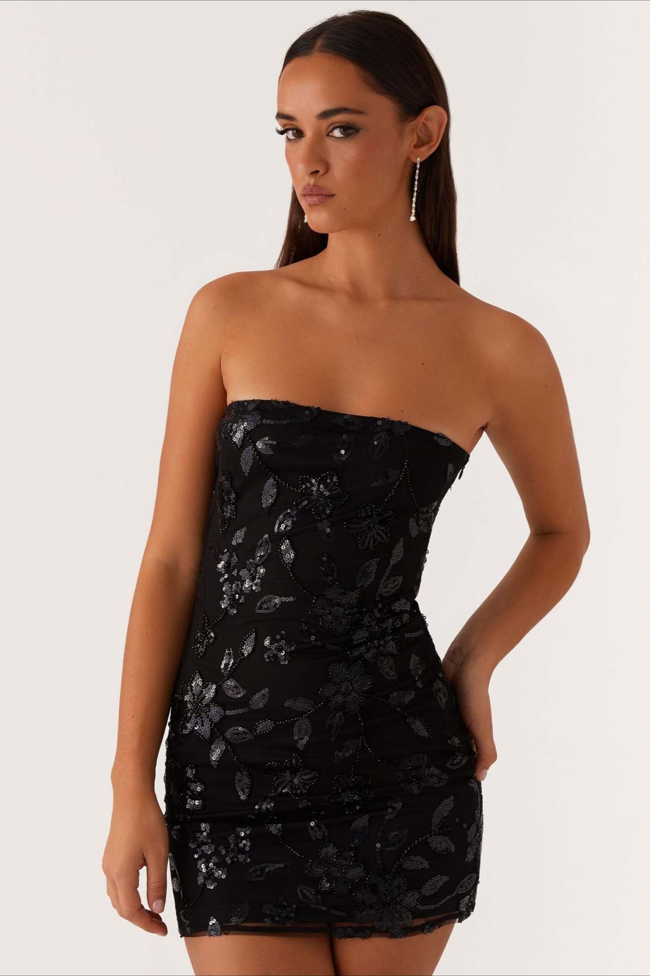 Strapless Sequin Embroidery Bodycon Mini Floral Dress