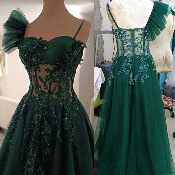 Green Long A-Line Prom Dress, Spaghetti Straps Evening Dress fg6998 - View 2 | VelvetHem