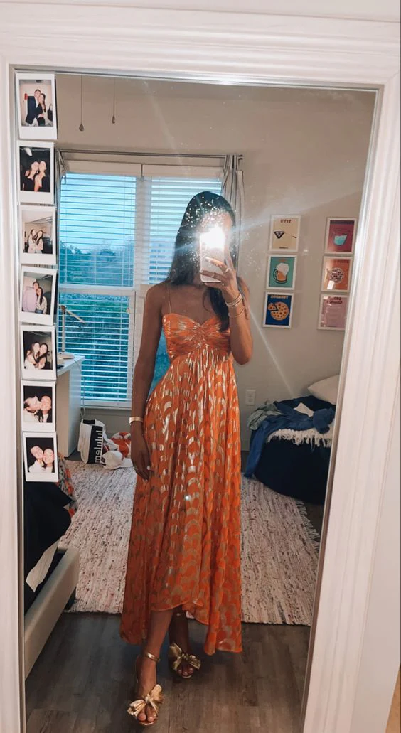 Chic Orange Long A Line Prom Dress Spaghetti Straps Evening Party Gown